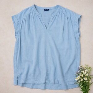Breezy Blue Linen Blend Cap Sleeve Shirt- MED- Lightweight Breezy Coastal Top